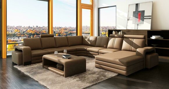 Ecksofa U-Form + 2x Hocker + Couchtisch Couch Design Grau Polster Leder