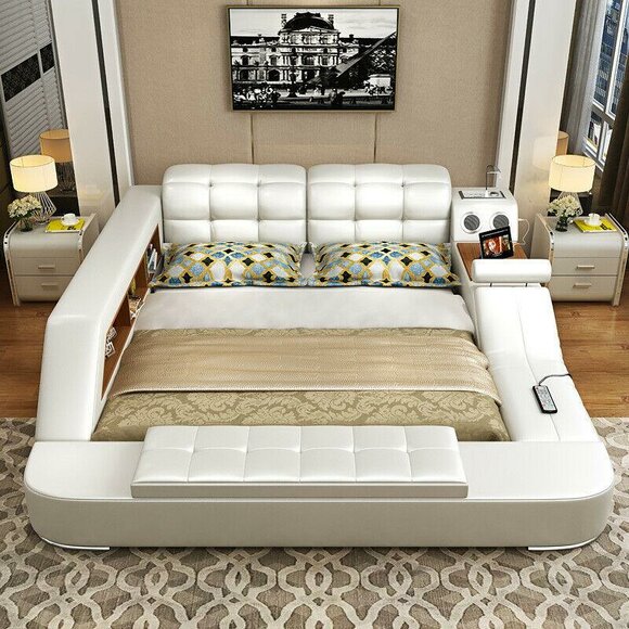 Bett Multifunktion Regal Schrank USB Ladestation Doppel Leder Betten 180x200