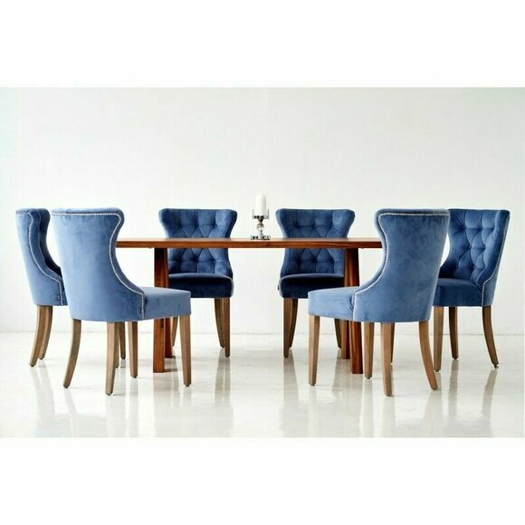 Holz Tisch + 6 Chesterfield Stühle Esszimmer Gruppe Stuhl Garnitur Polster