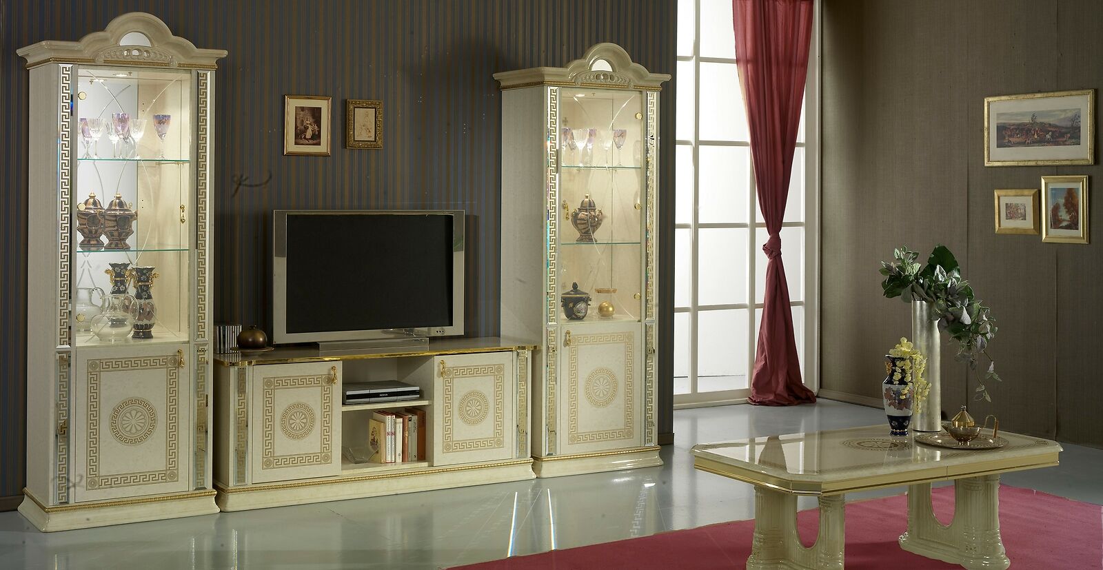 Klassische Wohwand Wohnzimmer Schrank Sideboard 2x Vitrinen Sideboard