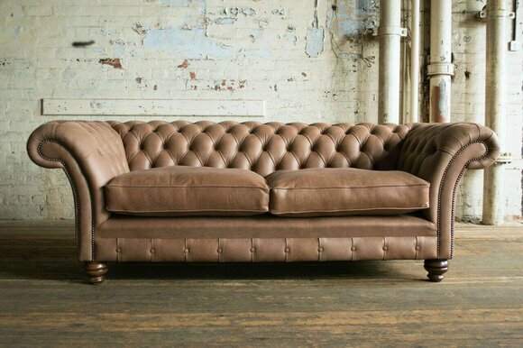 Braune Chesterfield Leder Textil Couch Klassische Sofa Sitz Polster Stoffsofas