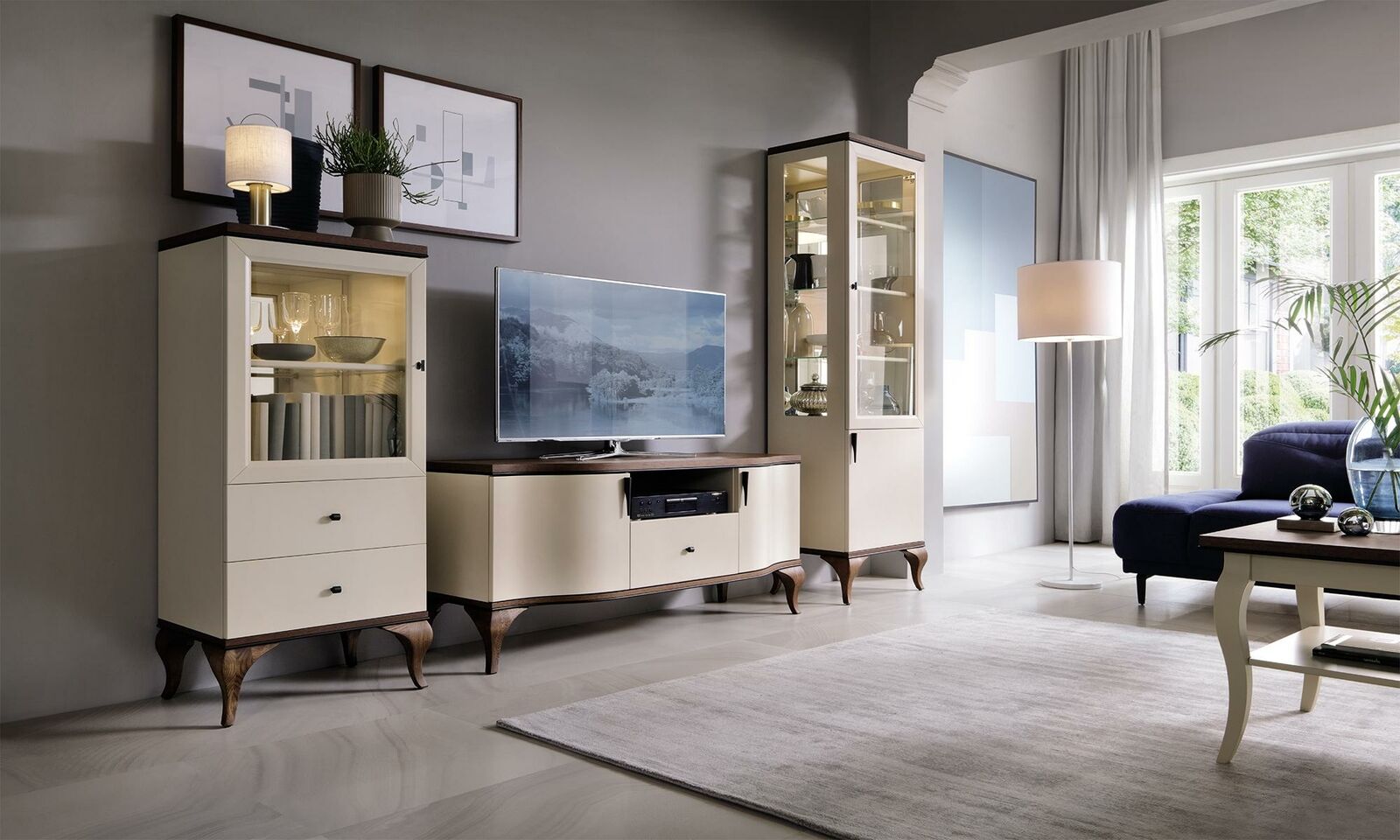 Klassische Wohn Wand Wohnzimmer Vitrine Sideboard RTV Regal Wände