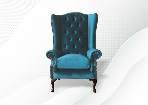 Chesterfield Sessel Blau Textil Stoff Ohrensessel Möbel Wohnzimmer Modern Luxus