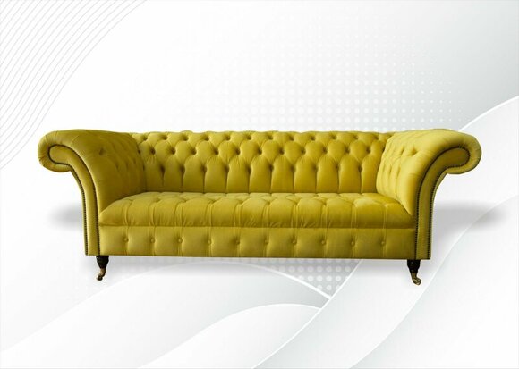 Chesterfield 3 Sitzer Sofa Gelb Dreisitzer Textil Wohnzimmer Stoff Luxus