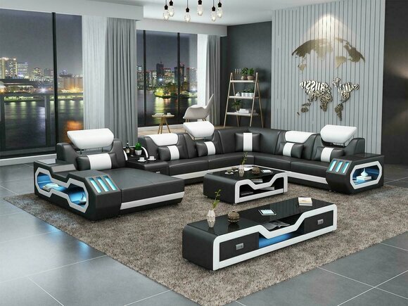 Ecksofa U-Form Couchtisch Couch Design Grau Polster Leder Modern Wohnlandschaft