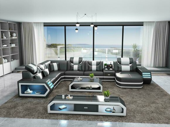 Ecksofa Polster Ecksofa U Form Couchtisch Sideboard Ledersofa Wohnlandschaft Neu