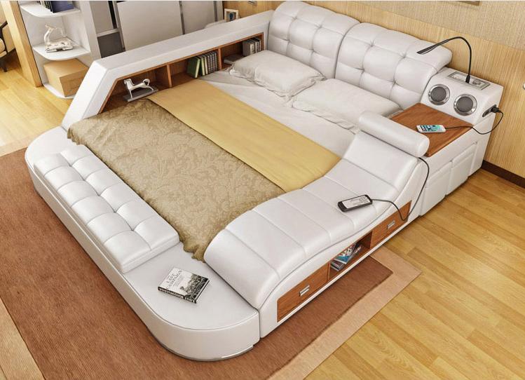 Doppel Luxus Leder Bett + USB Polster Betten Moderne Hotel Multifunktion