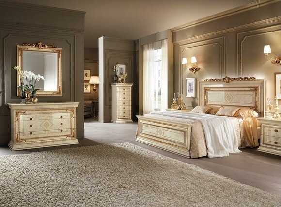 Möbel Schlafzimmer Set Design Bett 2x Nachttisch Kommode Spiegel 6tlg. Italien