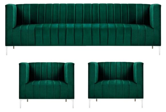 Sofagarnitur Dreisitzer Stoff Wohnzimmer Samt Design Grün Sofa 2 Sessel Gruppe
