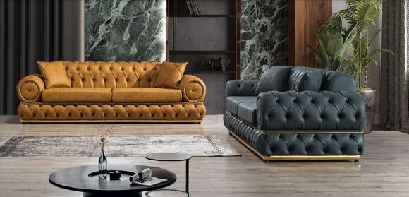 Garnitur Luxus Chesterfield Sofagarnitur 3+3 Sitzer Sofa Sessel Sofas Leder 2tlg