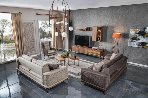 Garnitur Sofagarnitur Luxus 3+3+1 Sitzer Sofa Stoff Sessel Sofas Modern Braune