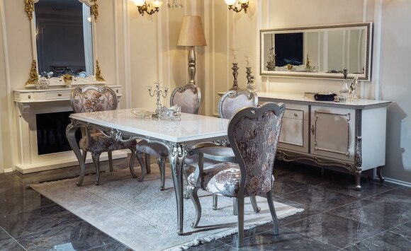 Esszimmer Set 7tlg. Esstisch 4x Stühle Kommode Spiegel Gruppe Garnitur Weiß
