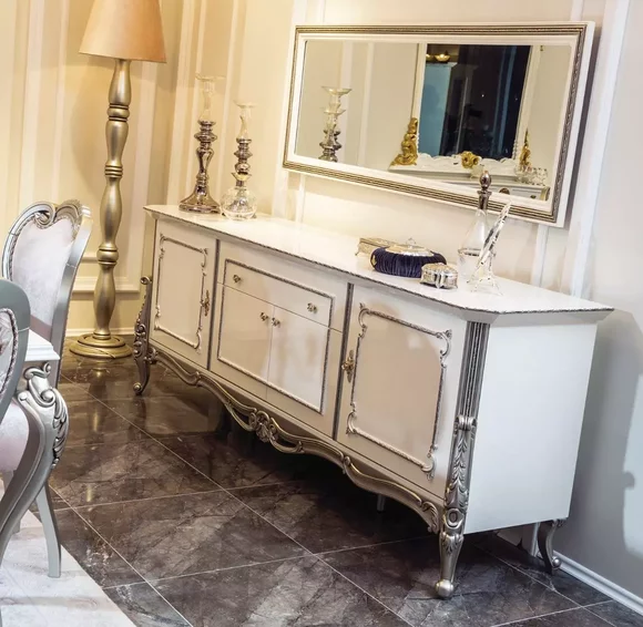Sideboard Weiß Silber Anrichte Konsolen Italienischer Stil 2tlg. Spiegel