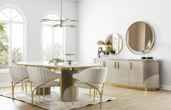 Esszimmer Set 10tlg. Garnitur Luxus Tisch 6x Stuhl Anrichte Spiegel Möbel Holz