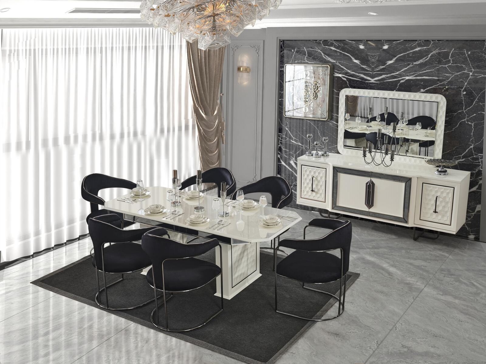 Modernes Esszimmer Set Weißer Esstisch 6 Stühle weiße Sideboard Spiegel neu