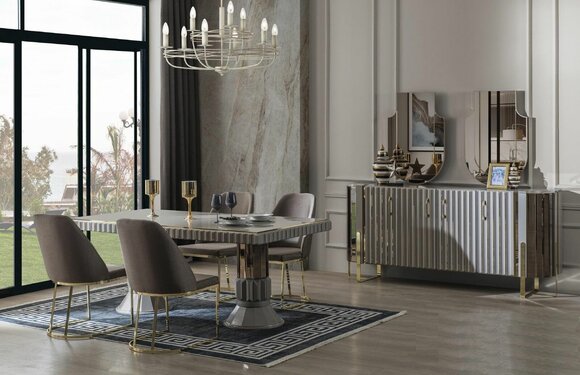 Garnitur Essgruppe Esszimmer Esstisch Luxus Stühle Essecke Grau 7tlg