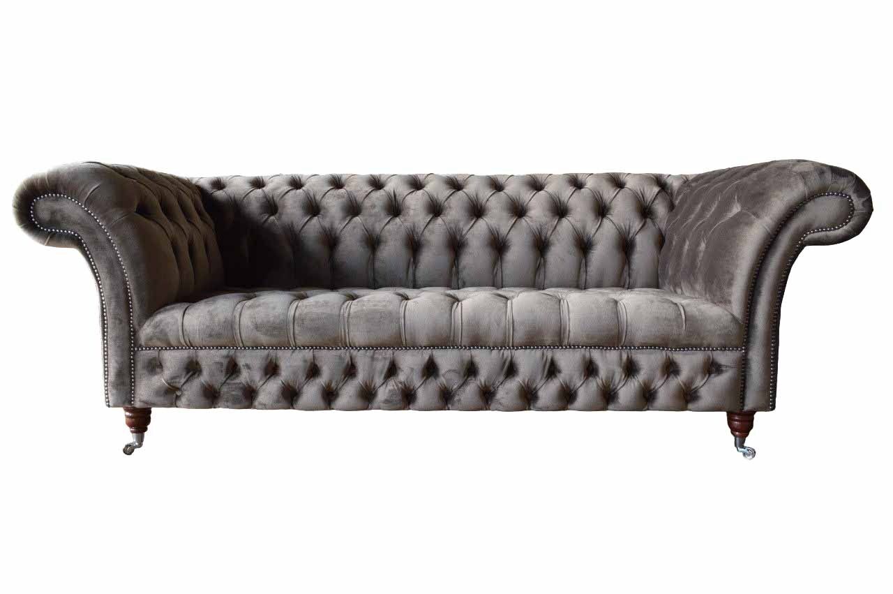 Englische Chesterfield Sofa Couch Büro Möbel Dreisitz Samt 230cm Taupe