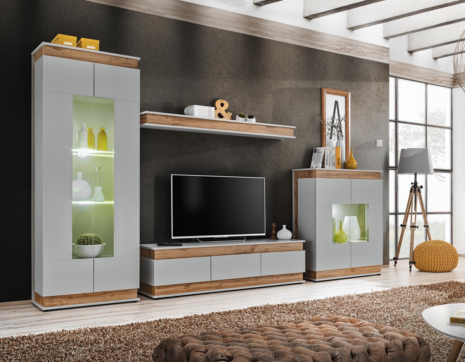 Garnitur 4 tlg Wohnwand Luxus Wohnzimmer Set Holz Regal Möbe Vitrine Neu