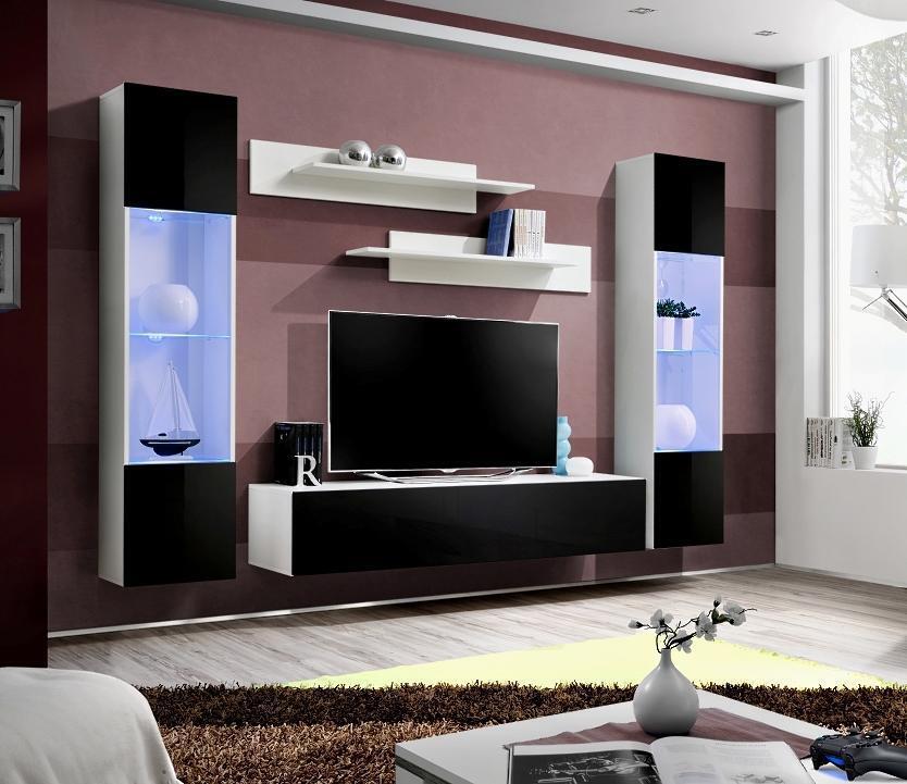 Schwarz Wohnwand Wohnzimmer Designer Modern Möbel TV Ständer