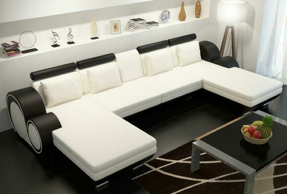 Ledersofa Berlin U-Form Lederecksofa + USB Ledereckcouch Sofa Garnitur XXL Liege
