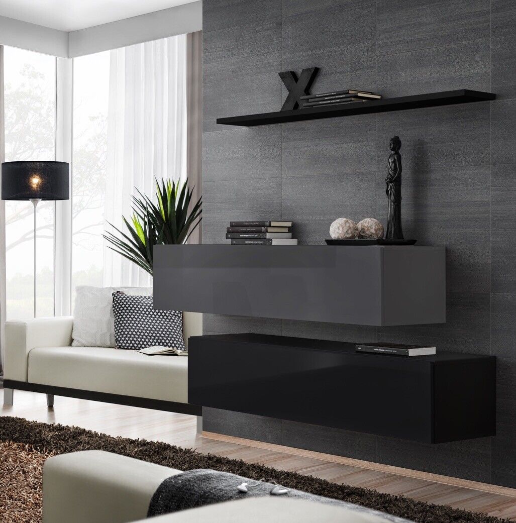 Wohnwand Wohnzimmer Schrankwand Modern Schwarz Holz Schrank Wand Regal