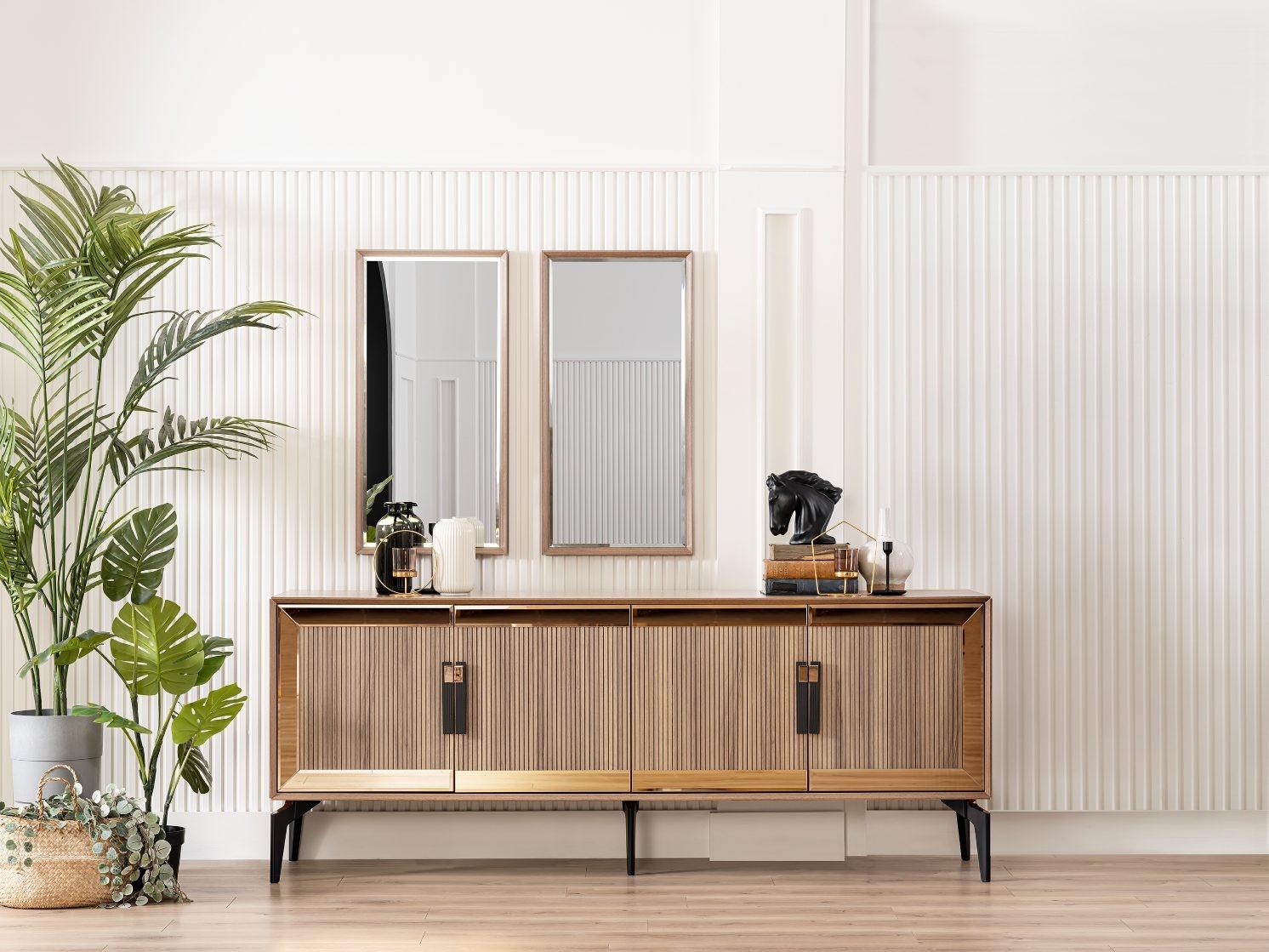 Sideboard Anrichte mit Spiegel Gruppe Kommode Holz Gold Esszimmer