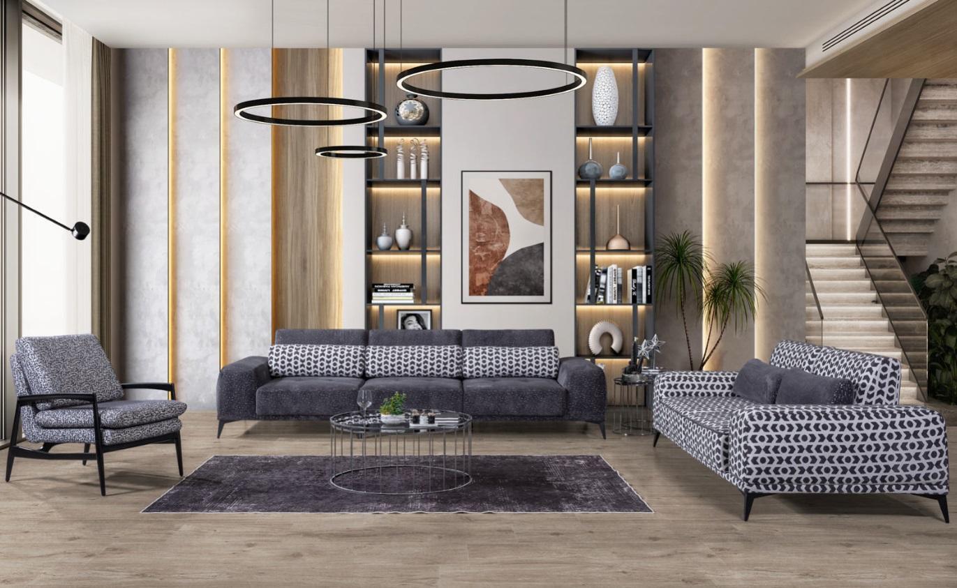 Graues Wohnzimmer Sitzgarnitur Exklusiver Dreisitzer Einsitzer 3tlg 4+3+1