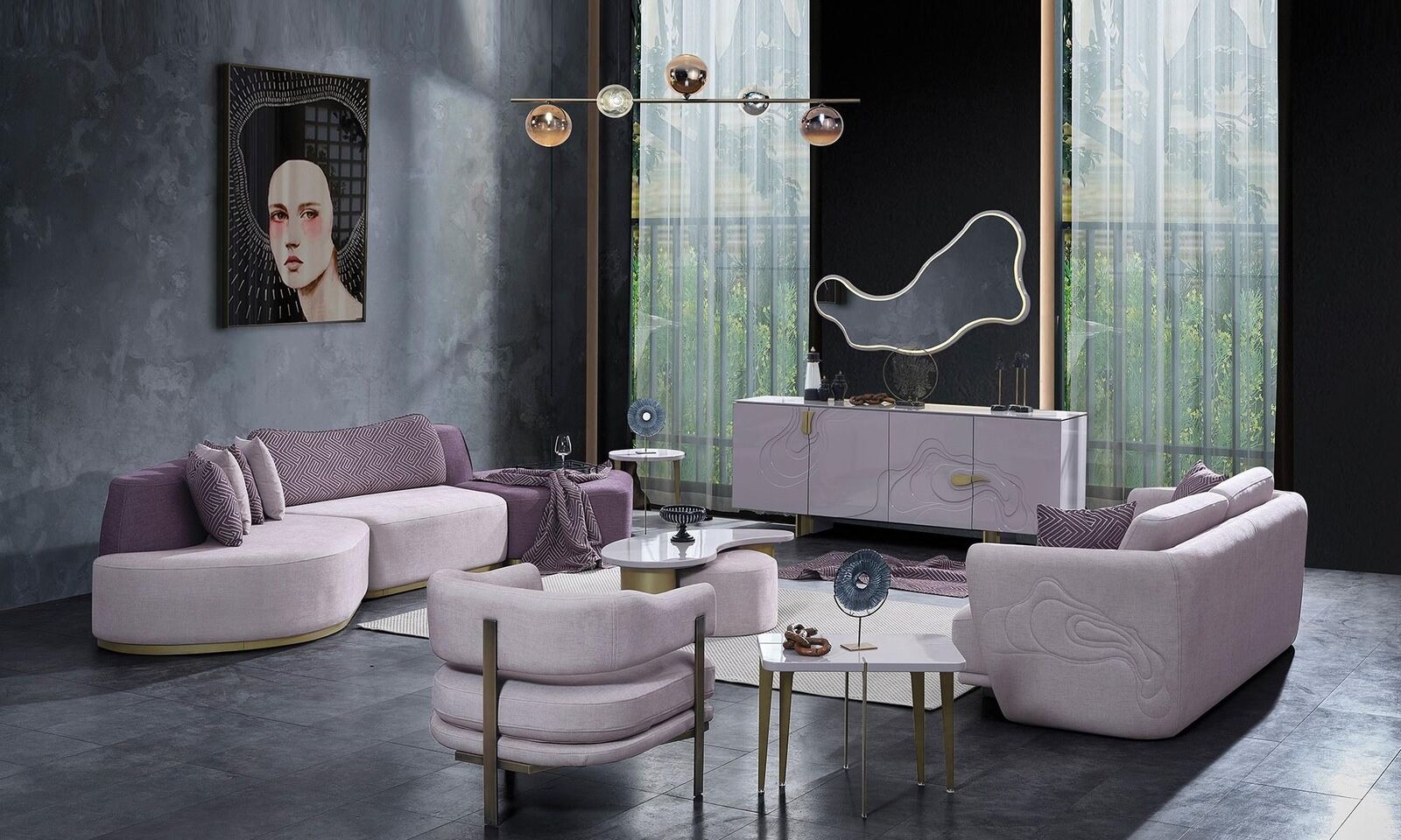 Sofagarnitur Große Wohnlandschaft Rosa Stoffsofas Modern Set 7tlg