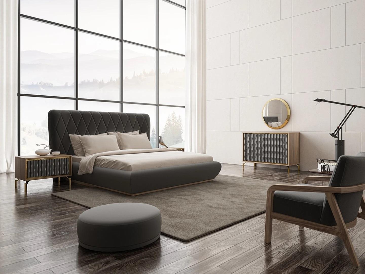 Design Komplett Schlafzimmer Bett Holz 2x Nachttische Kommode mit Spiegel