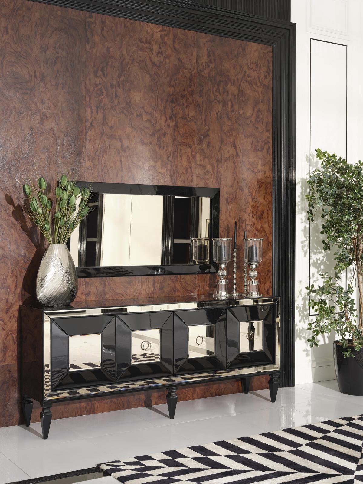 Komplette Sideboard Anrichte Schrank Spiegel Set Schwarz Holz Luxus