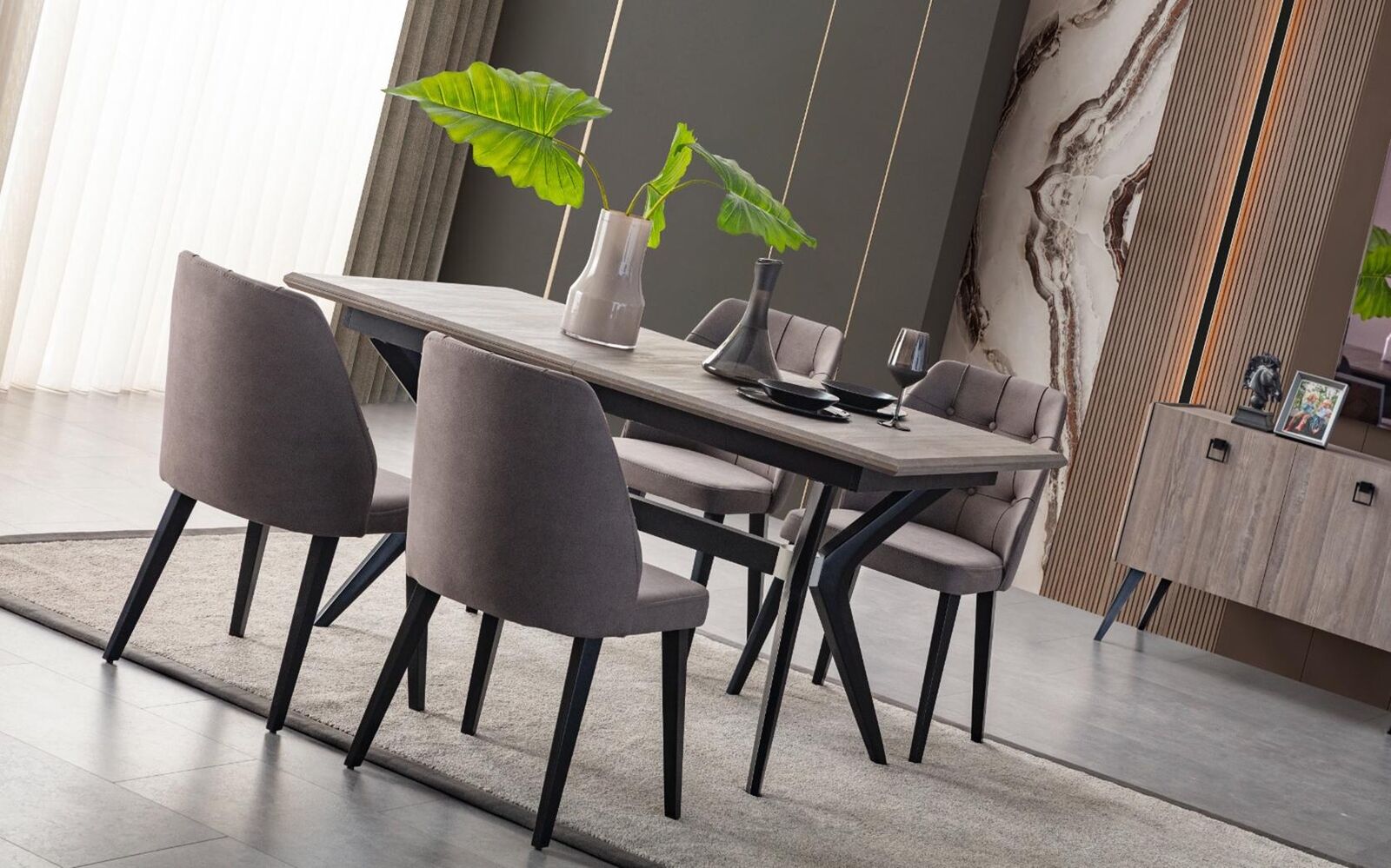 Essecke Garnitur Esszimmer Essgruppe Esstisch Stühle Holz Grau 7tlg