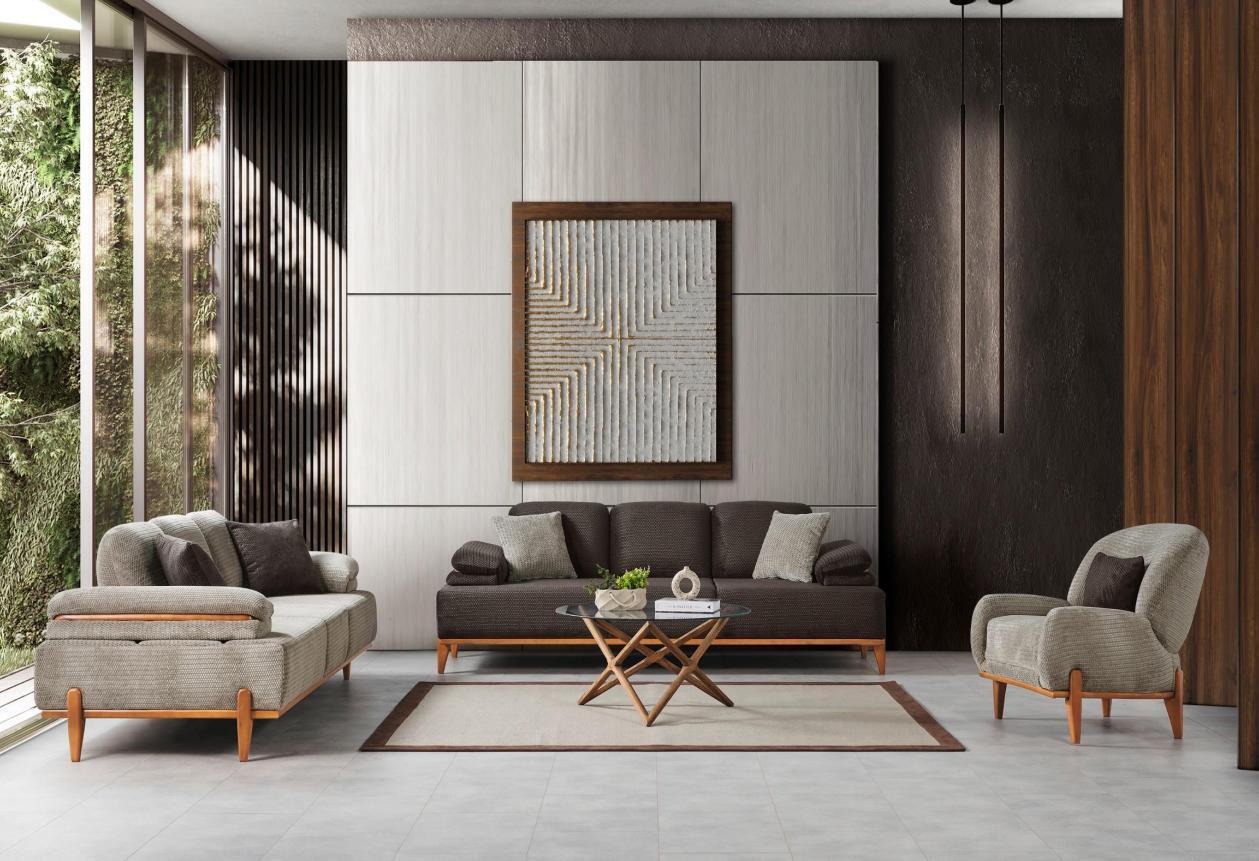 Komplette Braun-Graue Wohnzimmer Sitzgarnitur Polstersofas Sessel 3tlg