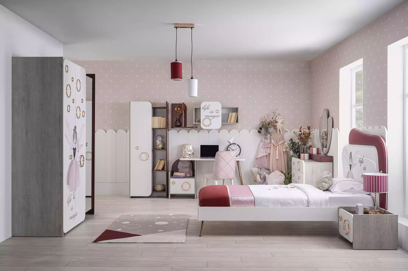 Luxus Kinderzimmer Set Bett Schrank Regal Kinder Möbel Holz Rosa 8tlg