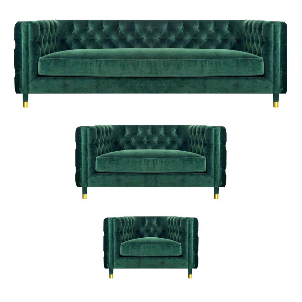 Grün Komplett 3tlg Sofagarnitur Textil Polstermöbel Design Möbel Chesterfield