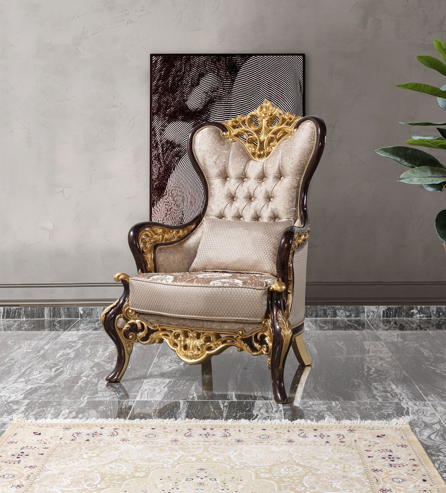 Ohrensessel Sessel Beige Barock Sitzer Stoff Polyester Wohnzimmer