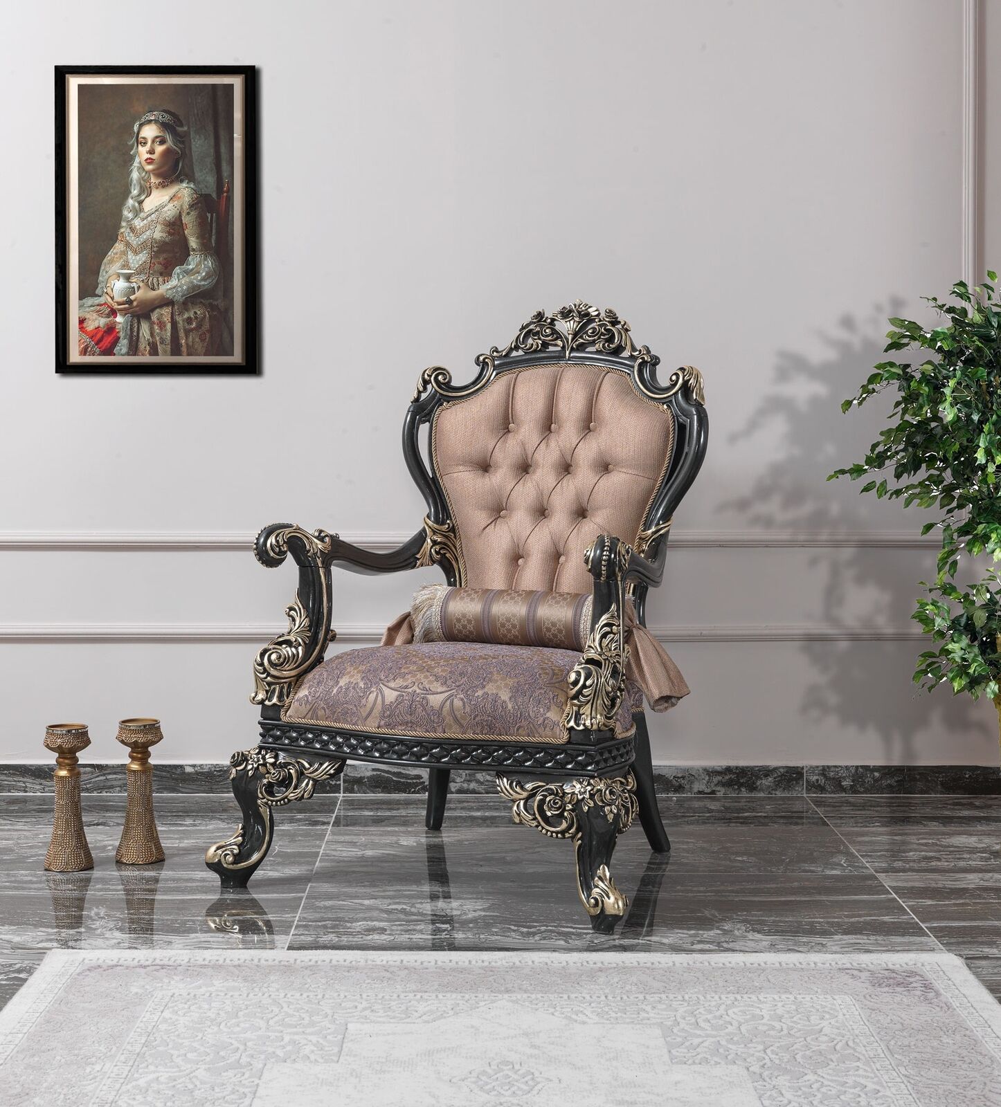 Sessel Beige Ohrensessel Barock Sitzer Stoff Polyester Wohnzimmer