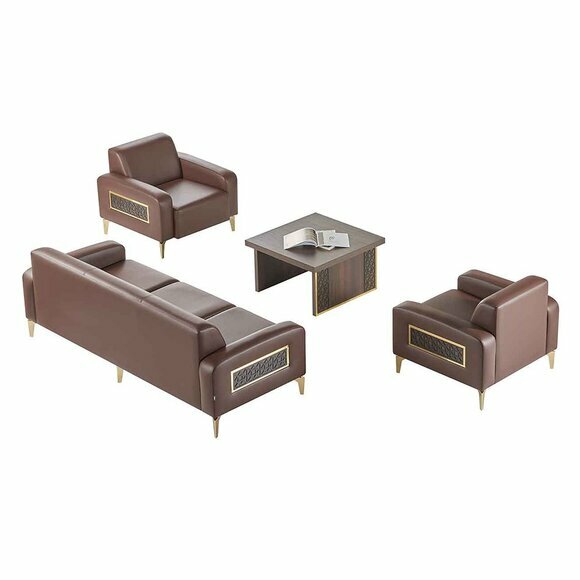 Arbeitszimmer-Set 4tlg 3-Sitzer 2x Sessel Couchtisch Braun Wohnzimmer