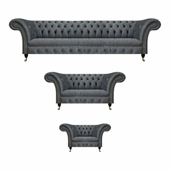 Chesterfield Graue Couchgarnitur Edler 4-Sitzer Designer Sessel 2-Sitzer