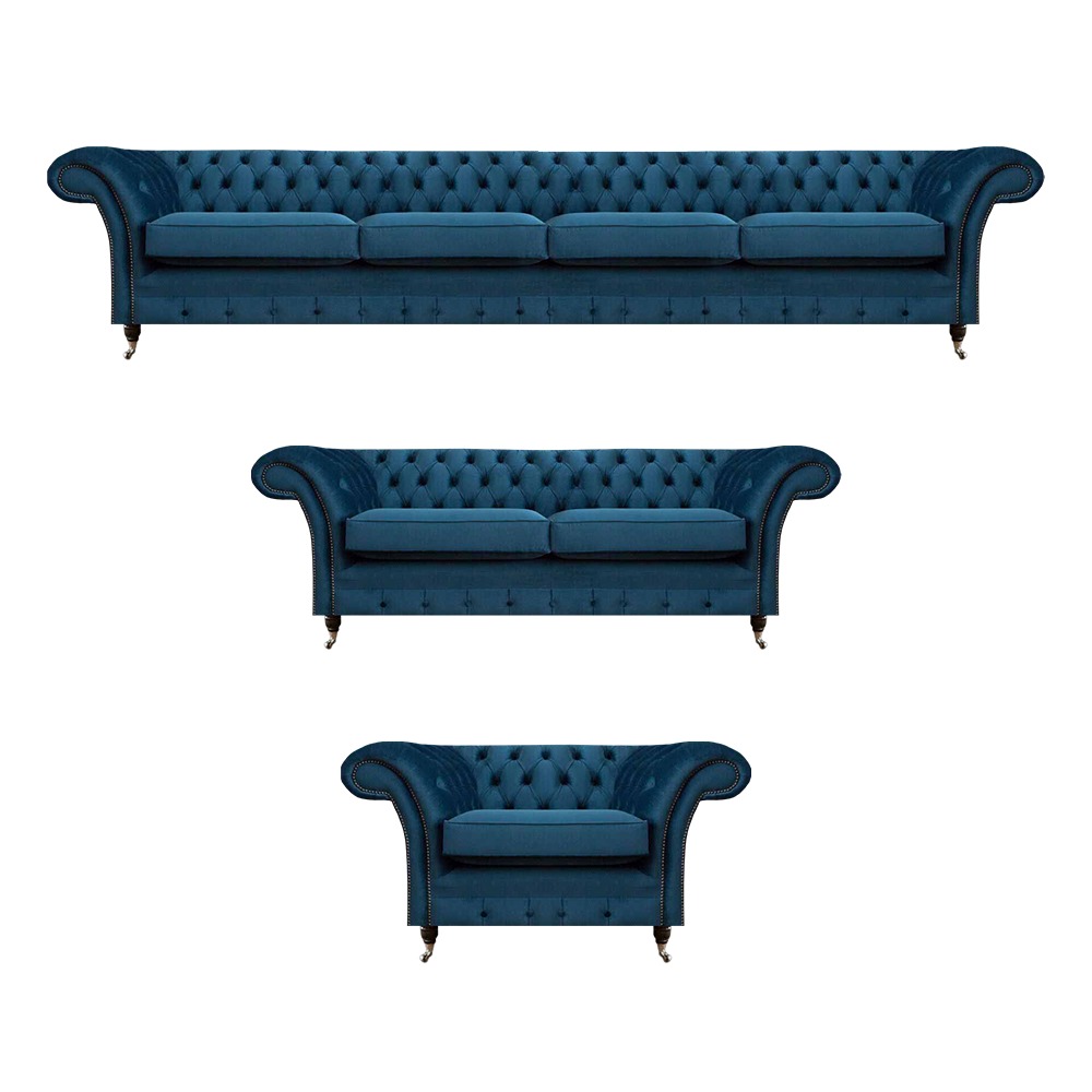 Dunkelblaue Chesterfield Sofas Komplette Sitzgarnitur Sitzmöbel 3tlg Set