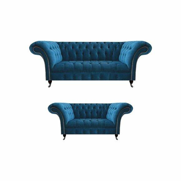 Stilvolle Sofagarnitur Chesterfield Blaue Wohnzimmer Polster Couchen