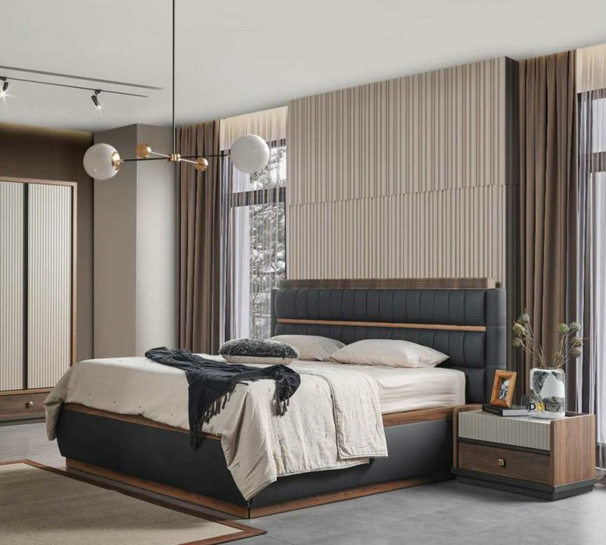 Grau-Weiße Schlafzimmer Möbel Designer Bett Edle Holz Nachttische 3tlg