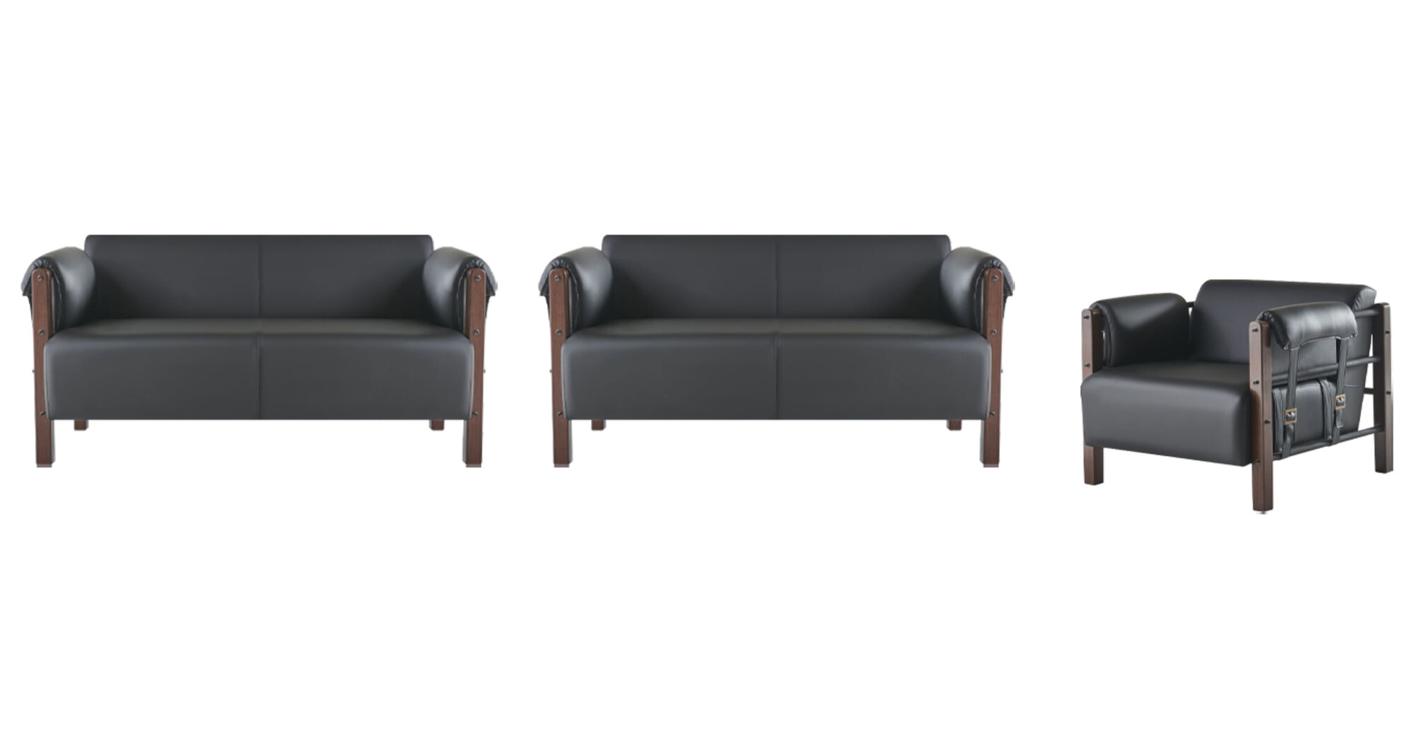 Sofa-Set Sofagarnituren Sofas Leder 2-Sitzer Sessel Schwarz Modern Holz