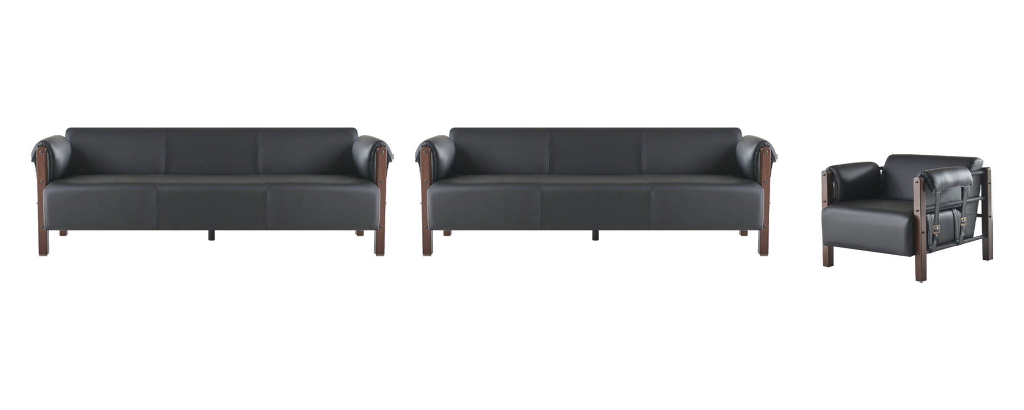 Sofagarnituren Sofa-Set 3-Sitzer Sessel Schwarz Holz Sofas Ledersofas