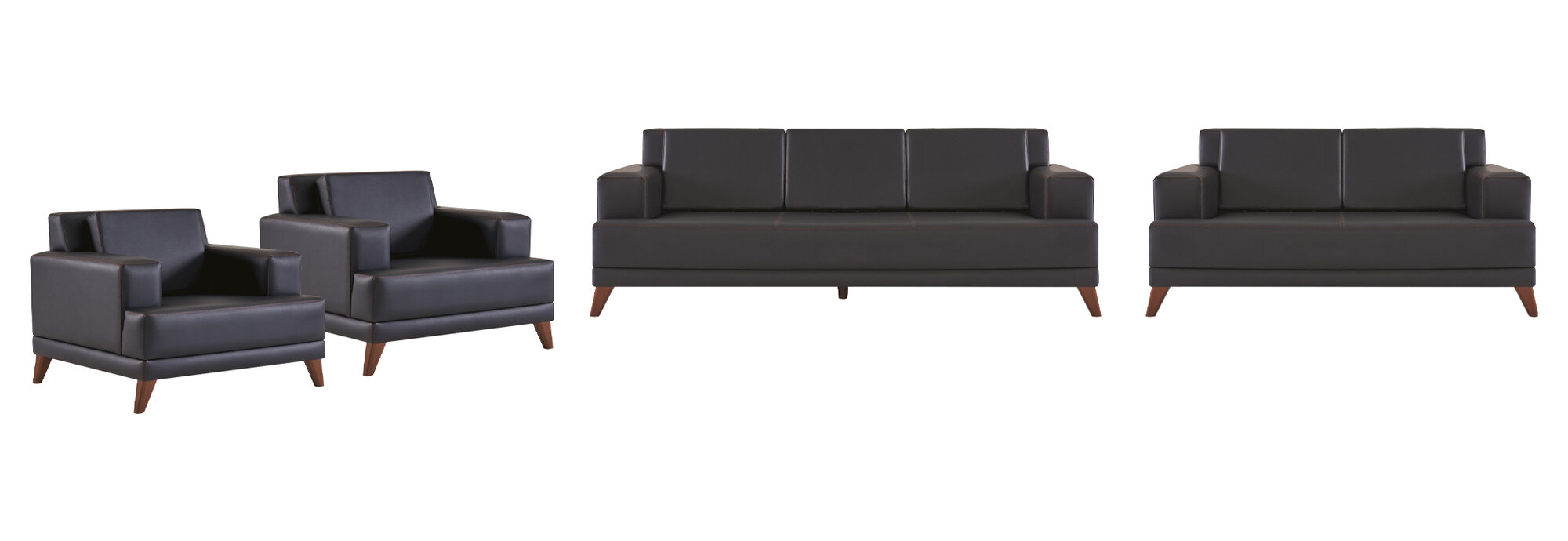 Ledersofas Set 3-Sitzer 2-Sitzer 2x Sessel Schwarz Polster Kissen Holz