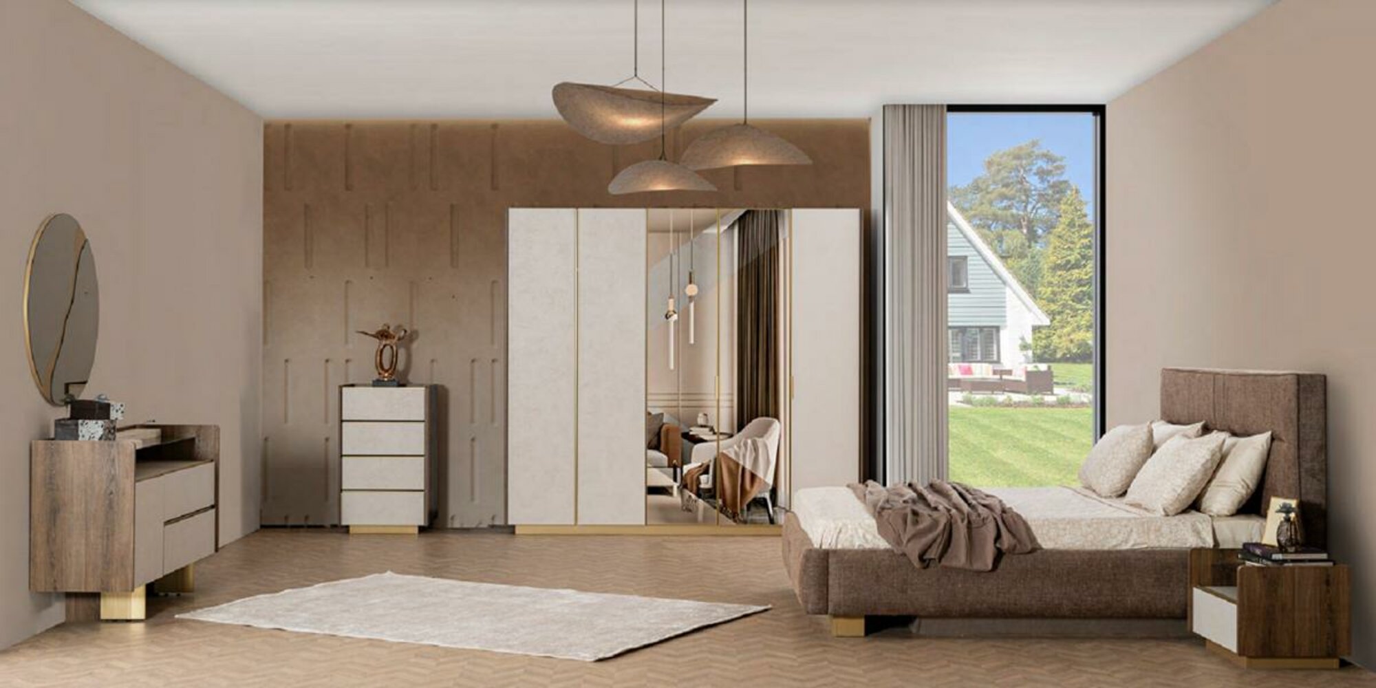 Schlafzimmer Set Bett 2x Nachttische Kommode Kleiderschrank Luxus Spiegel
