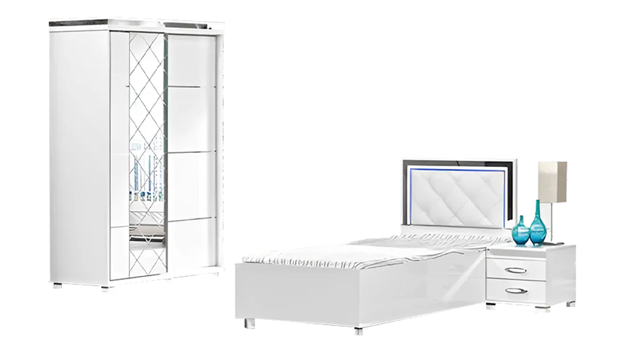 Schlafzimmermöbel Bett Nachttisch Kleiderschrank 3tlg Weiß Einzelbett