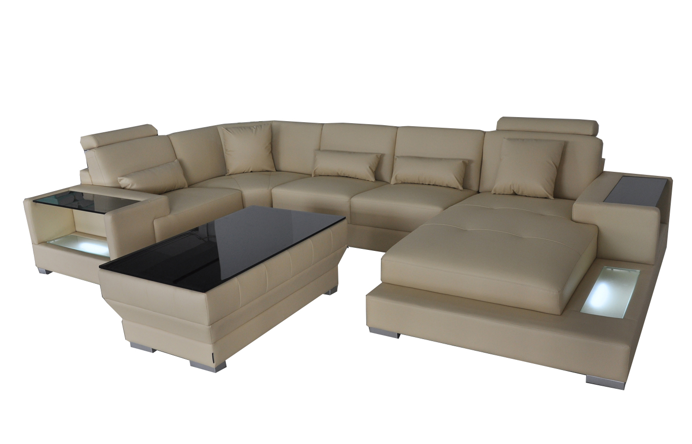 Ledersofa Wohnlandschaft Garnitur Design Modern Ecke Sofa U-Form mit USB & Licht