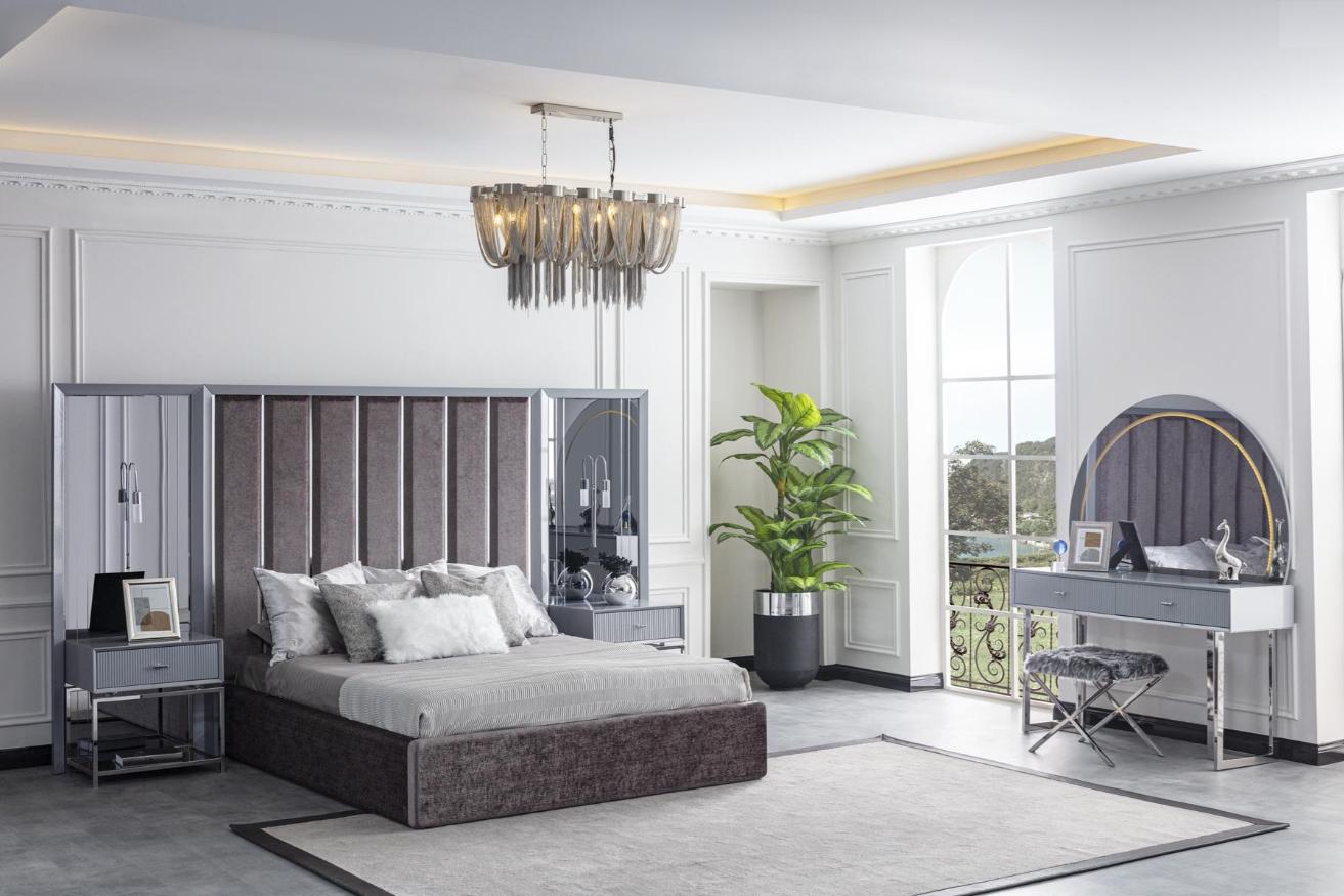 Schlafzimmer Möbel Set Grau Bett Schminktisch Nachttisch Hocker 6tlg.