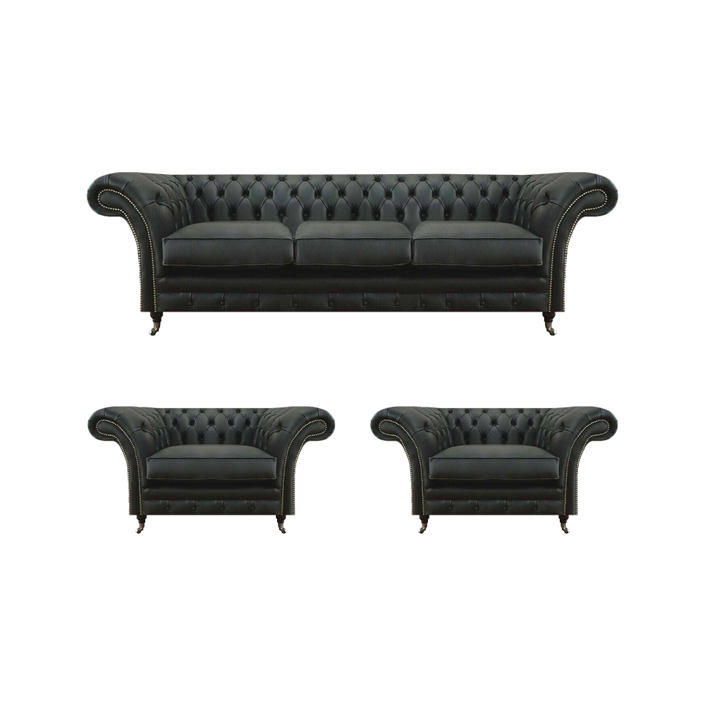 Luxus Schwarz Wohnzimmer Set 3tlg Chesterfield 2x Sessel Dreisitzer Sofa