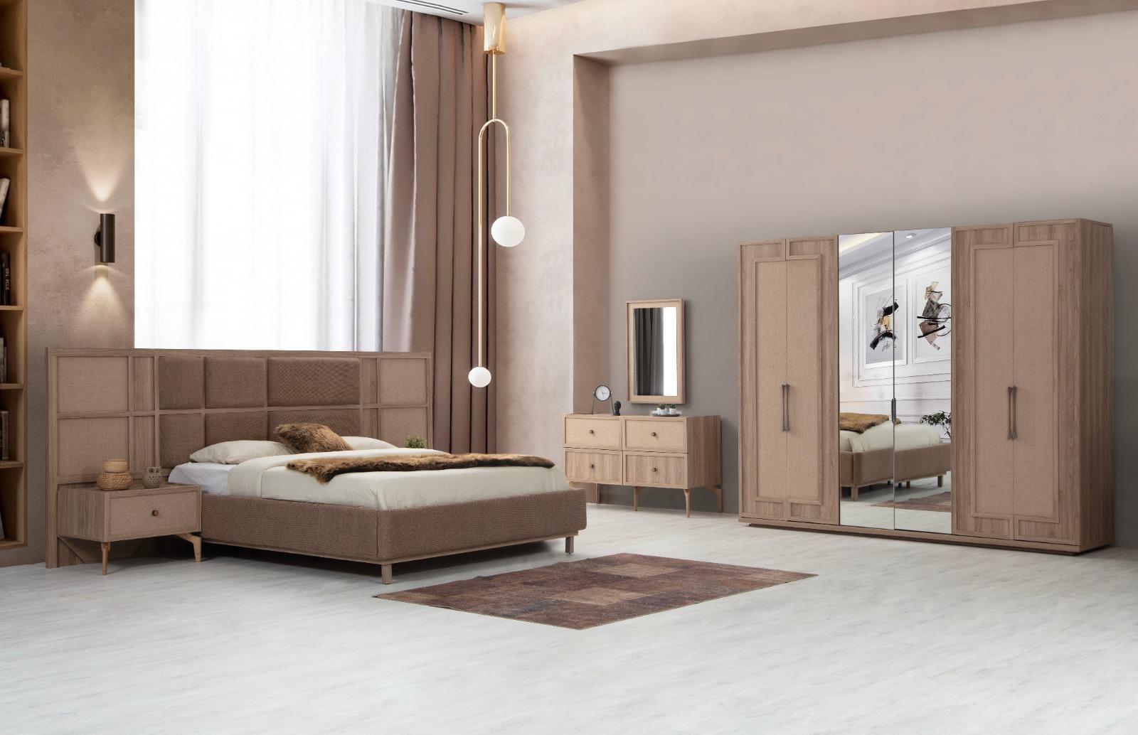 Beiges Schlafzimmer Set Polsterbett 2x Nachttische Schminktisch Schrank